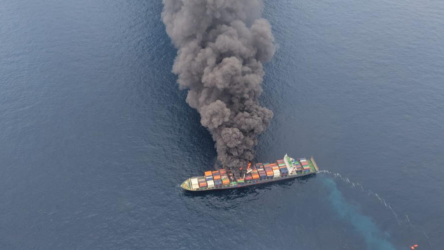 Singapore-Flagged Vessel Catches Fire Near Beypore, Rescue in Progress Singapore-Flagged Vessel Catches Fire Near Beypore, Rescue in Progress