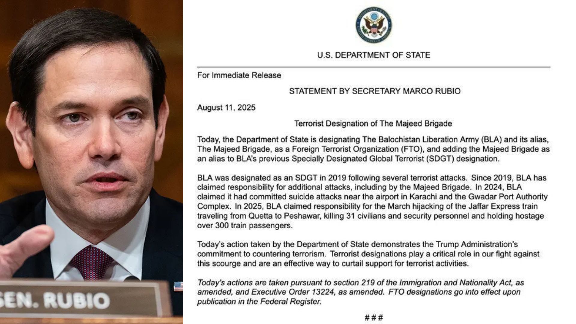 US Declares BLA and Majeed Brigade as Terrorist Groups US Declares BLA and Majeed Brigade as Terrorist Groups