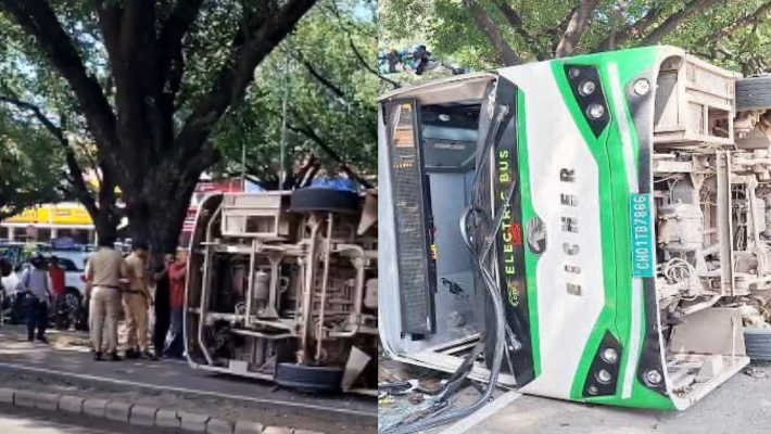 Four Injured as CTU Electric Bus Overturns in Chandigarh Four Injured as CTU Electric Bus Overturns in Chandigarh