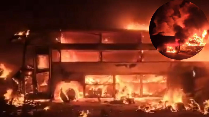 Private Bus Crashes into Container Truck in Nandyal and Catches Fire, Three Killed Private Bus Crashes into Container Truck in Nandyal and Catches Fire, Three Killed